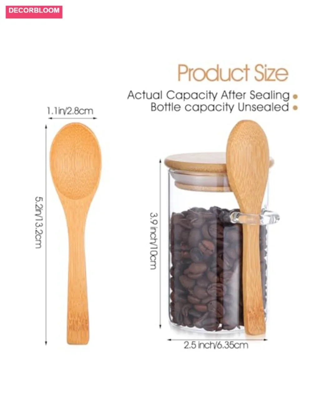 Set of 8 Airtight Glass Jars with Bamboo Lids and Spoons for Kitchen Storage